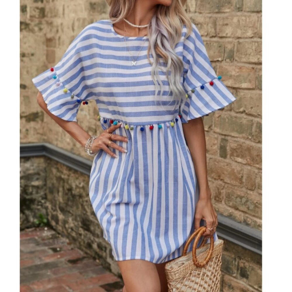 COTTON STRIPED POMPOM DRESS - Picture 1 of 13